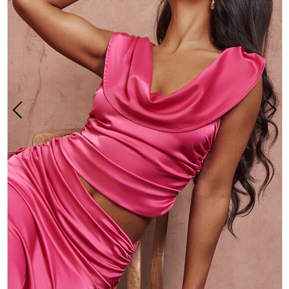 NWT PrettyLittleThing Hot Pink Satin Cowl Neck Ruched Top Size 4 - Picture 11 of 11